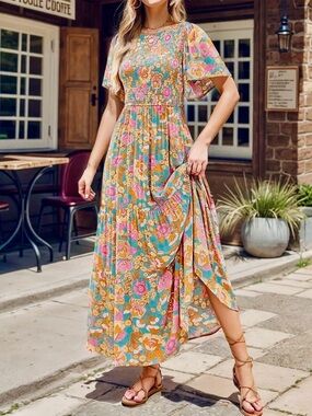 NEW! Boho Floral Long Flowy Maxi Dress Short Sleeve Smocked Spring Summer - L